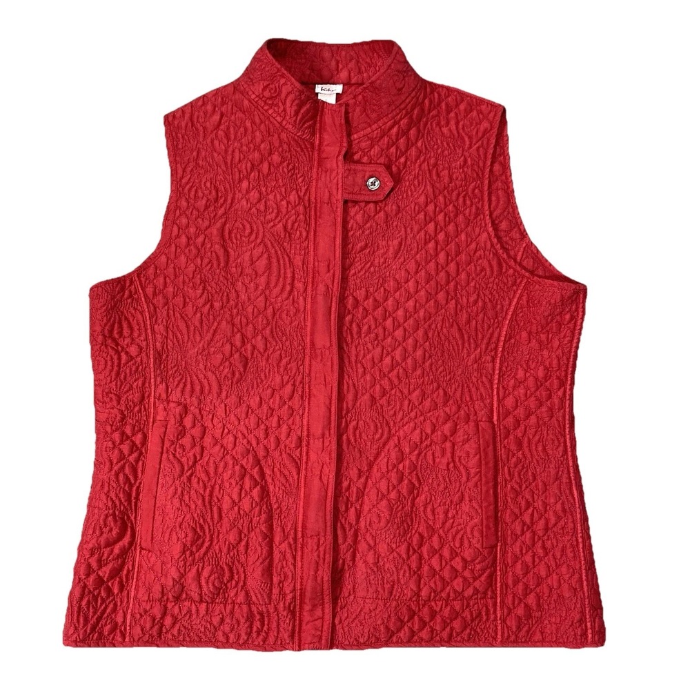 Kiko 100% Silk Lightweight Quilted Full Zip Vest Red Women's L Lagenlook Artsy